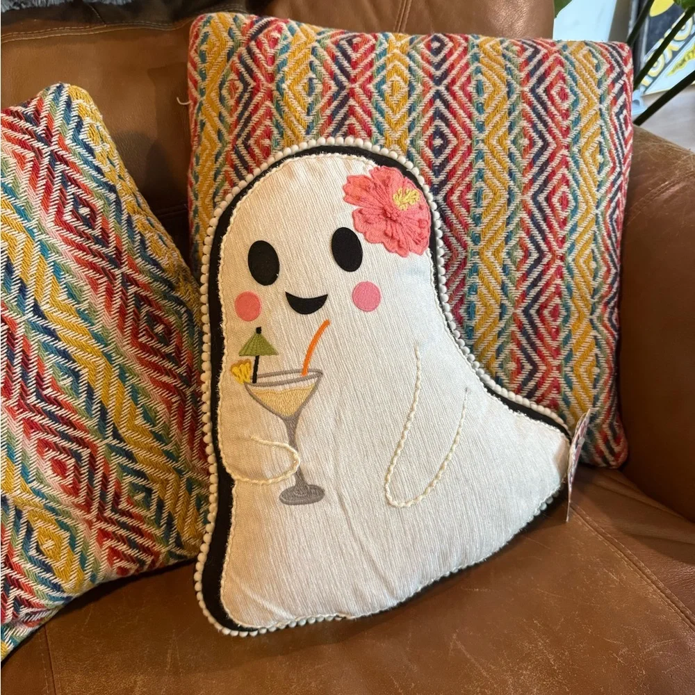 •Embroidered White Ghost Pillow with Vacation/Hawaiian Vibe Accents